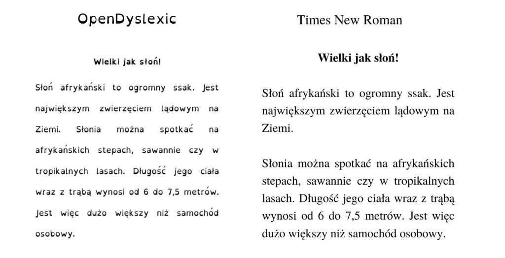 Porównanie wyglądu czcionki dla dyslektyków OpenDyslexis z czcionką Times New Roman